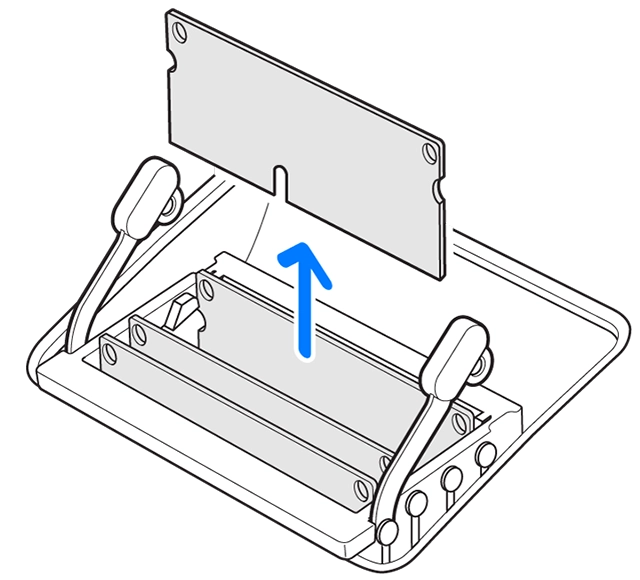 DIMMをまっすぐ上に引っ張って取り外す。DIMMメモリの下端部の切り欠きの位置に注意